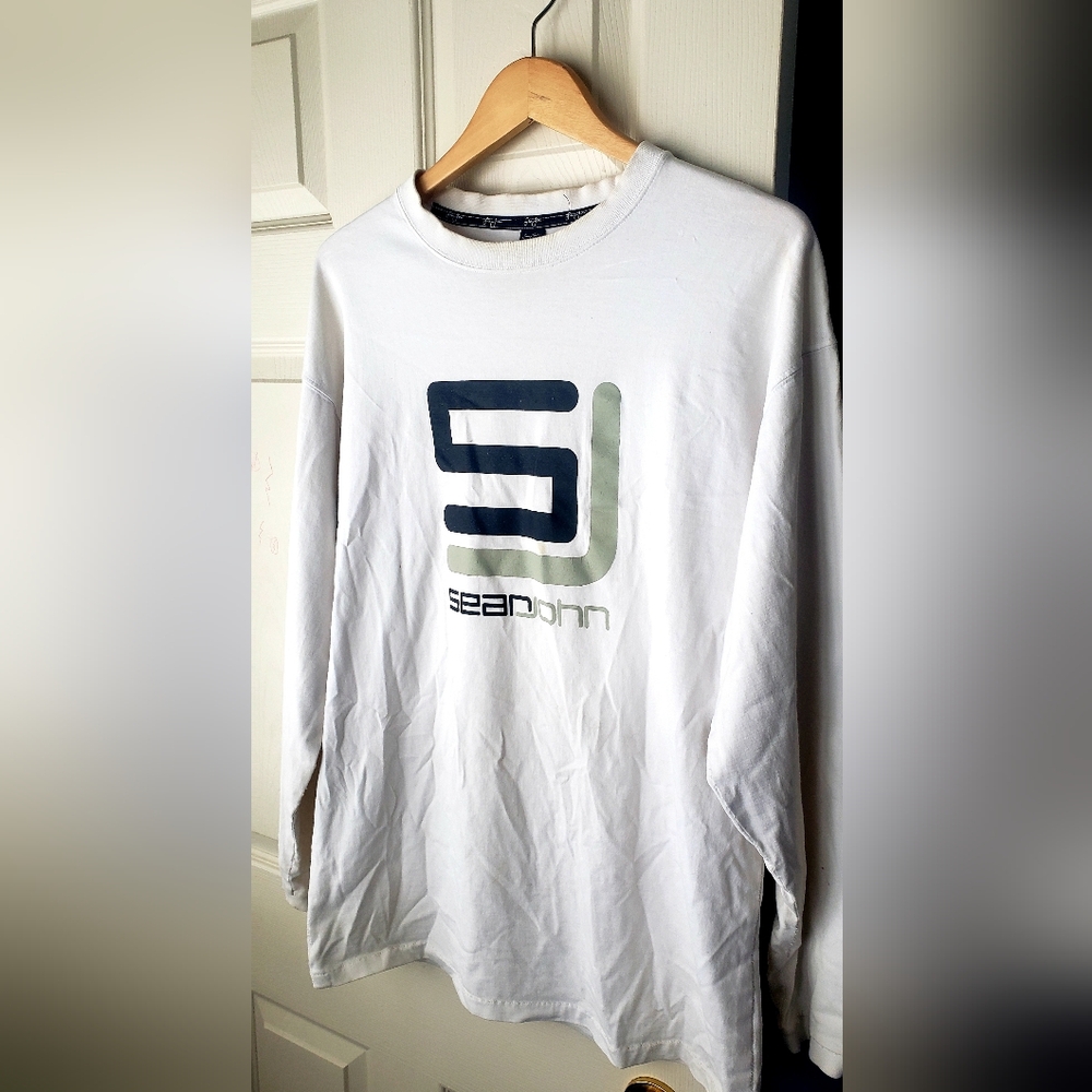 Sean John White and Black Logo Long Sleeve Tee